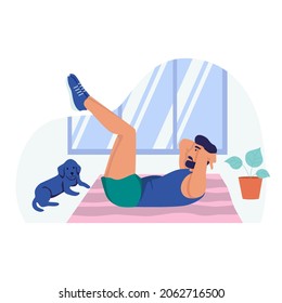 A young man does abs exercises. Sports at home, healthy lifestyle. Flat cartoon vector illustration.