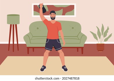 A young man does exercises with a kettlebell. Sports at home, a healthy lifestyle, quarantine. Flat vector illustration