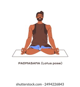 Young man does meditation in yoga asana. Sportsman relaxes in lotus pose. Athlete practices breathing exercise in posture on training. Tutorial of Padmasana. Flat isolated vector illustration on white