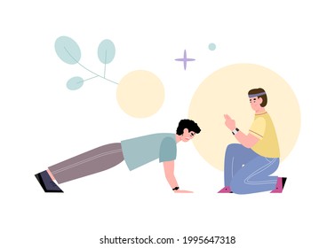 Young man does push-ups or plank under guidance of personal sport coach. Workout, fitness and physical exercises in gym. Concept of healthy lifestyle. Vector flat illustration.
