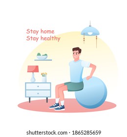 Young Man Does Sport Exercises With Ball At Home. Coronavirus Outbreak Concept Background. Stay At Home In Quarantine For Healthy Sport Workout Vector Illustration