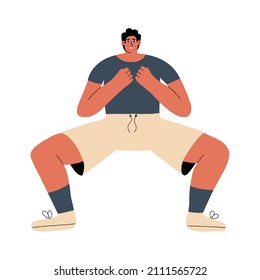 A young man does a sports squat. The guy is engaged in an exercise for a healthy body. Vector illustration hand drawn