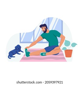 A young man does stretching exercises. Sports at home, a healthy lifestyle, quarantine. Flat vector illustration