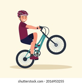 A young man does tricks in the air on a bicycle. An acrobatic cyclist is a public entertainment. Vector illustration in a flat style.