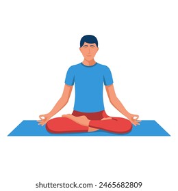 A young man does yoga. International yoga day. Male in lotus position. Meditation concept. Relaxation and rest. Healthy lifestyle. Vector illustration flat design. Isolated on white background.