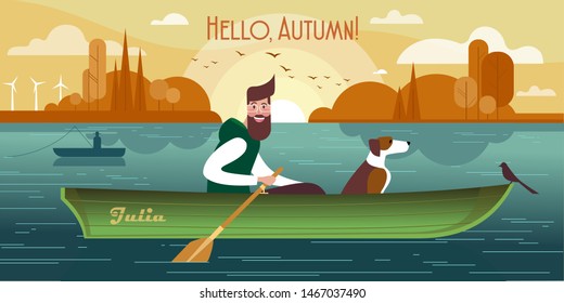 Young man with a dog in a boat. Vector illustration of autumn fishing