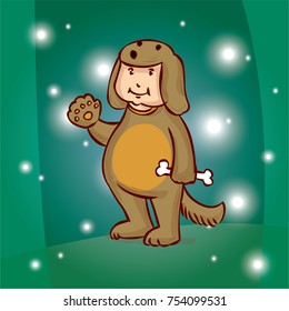 Young man in a dog carnival suit. Hand drawn cartoon vector illustration