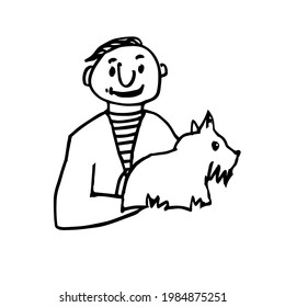 un joven con un perro en sus manos. Un personaje dibujado a mano. Esbozo. Caricatura. Ilustración del vector