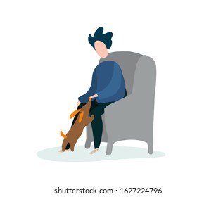 Young man with dog - man's best friend. Flat cute vector illustration with home pet.