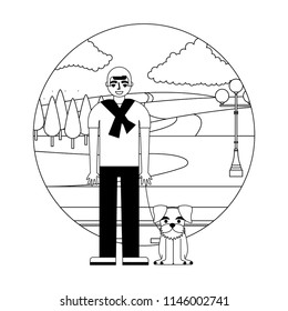 young man with dog mascot in landscape