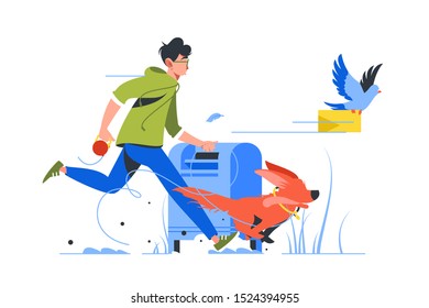 Young man with dog sent message by classic method. Isolated concept guy with pet run after post pigeon with mail. Vector illustration.