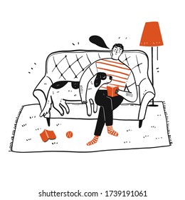 The Young Man And The Dog Sleep On Sofa. The Element Of Hand Drawn, Vector Illustration Doodle Style.