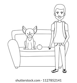 young man with dog in the sofa