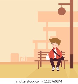 Young Man and the Dog is Waiting the Train in the Station Vector Illustration
