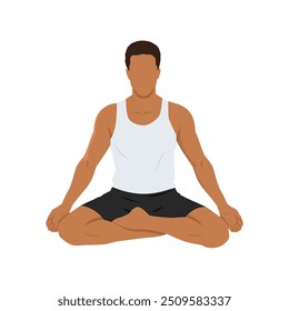 Young man doing accomplished or siddhasana yoga exercise. Flat vector illustration isolated on white background