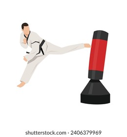 Joven pateando hacia atrás hasta la bolsa de punzonaje arte marcial de taekwondo. Ilustración plana vectorial aislada en fondo blanco