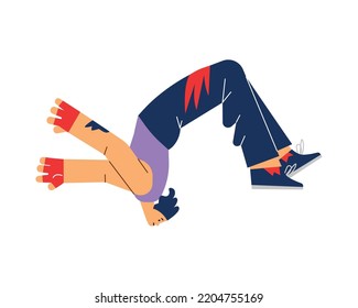 Young man doing backflip during parkour performance, flat vector illustration isolated on white background. Extreme street sport concept. Teenager performing acrobatic tricks.