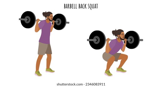 Young man doing barbell back squat exercise. Sport, wellness, workout, fitness. Flat vector illustration