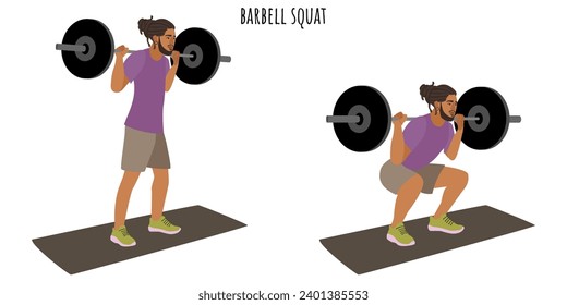 Young man doing barbell squat exercise. Sport, wellness, workout, fitness. Flat vector illustration