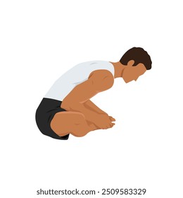 Young man doing Bound angle pose Baddha Konasana exercise. Flat vector illustration isolated on white background