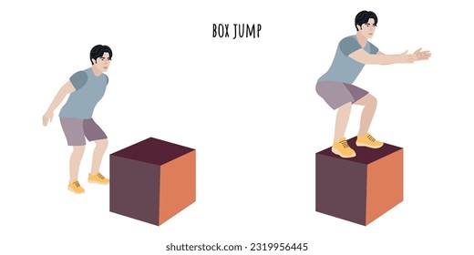 Young man doing box jump exercise. Sport, wellness, workout, fitness. Flat vector illustration