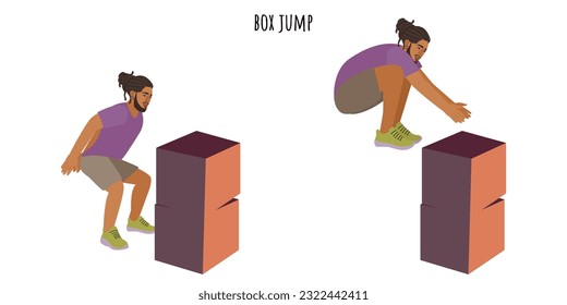 Young man doing box jump exercise. Sport, wellness, workout, fitness. Flat vector illustration