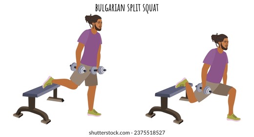 Young man doing bulgarian split squat exercise. Sport, wellness, workout, fitness. Flat vector illustration