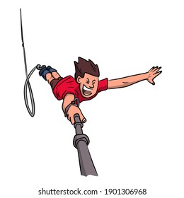 Young Man Doing A Bungee Jump With Selfie Stick In Hand Illustration Vector Isolated On White Background.