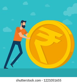 Young  man doing business rolling an indian rupee. Flat design  illustration for Indian rupee  financial and investmen. Trendy vector  illustration concept for website and mobile app.