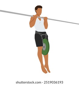 Young man doing calisthenics weighted chin up exercise. Flat vector illustration isolated on white background