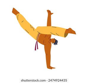 Young man doing capoeira handstand kick, performing movement. Brazilian Capoeira dance and fight sport. Martial art, acrobatic training. Vector flat illustration sportsman character isolated on white