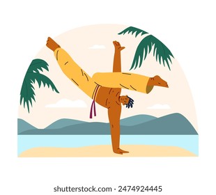 Young man doing capoeira handstand kick on the beach. Brazilian Capoeira dance and fight sport. Martial art, acrobatic training. Vector flat illustration sportsman character exercising outdoor