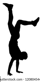 Young man doing cartwheel exercise. Sportsman in handstand position vector silhouette illustration. Standing on hand pose. Hand stand acrobatics, urban street performer. Stunt in circus. Exercising, 