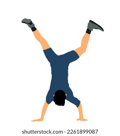 Young man doing cartwheel exercise. Sportsman acrobat boy in handstand position vector illustration. Standing on hand pose. Hand stand acrobatics street athlete performer. Stunt in circus skills.