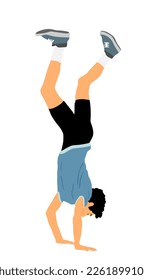 Young man doing cartwheel exercise. Sportsman acrobat boy in handstand position vector illustration. Standing on hand pose. Hand stand acrobatics street athlete performer. Stunt in circus skills.