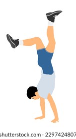 Young man doing cartwheel exercise. Sportsman acrobat boy in handstand position vector illustration. Standing on hand pose. Hand stand acrobatics street athlete performer. Stunt in circus skills.