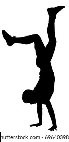 Young man doing cartwheel exercise. Sportsman in handstand position vector silhouette illustration. Standing on hand pose. Hand stand acrobatics, urban street performer. Stunt in circus. Exercising, 