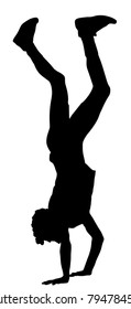 Young man doing cartwheel exercise. Sportsman in handstand position vector silhouette illustration. Standing on hand pose. Hand stand acrobatics, urban street performer. Stunt in circus. Exercising, 