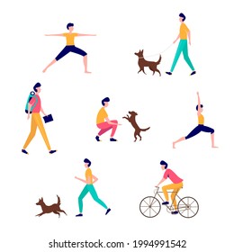 Young man doing different outdoor activities: running, doing yoga, cycling, walking the dog, traveling. Vector illustration in flat style. Active and healthy lifestyle concept.