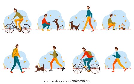 Young man doing different outdoor activities: running, cycling, rollerblading, walking with dog, traveling. Active and healthy lifestyle concept. Autumn set.