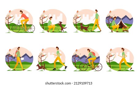 Young man doing different outdoor activities in spring: running, rollerblading, walking and playing with the dog, traveling, cycling.  Vector activities set. 