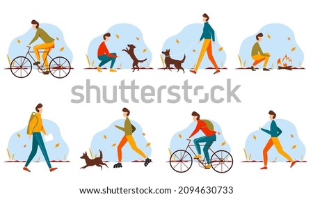 Young man doing different outdoor activities: running, cycling, rollerblading, walking with dog, traveling. Active and healthy lifestyle concept. Autumn set.