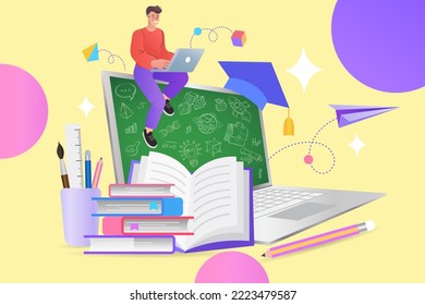 Young man doing distance learning with laptop. Students, pupils in learning process, Online education, home schooling. do homework and read a book, prepare for the exam. Boy sits at laptop. vector