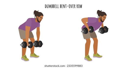 Young man doing dumbbell bent-over row exercise. Sport, wellness, workout, fitness. Flat vector illustration