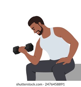 Joven haciendo el rizo de concentración Dumbbell. Ilustración vectorial plana aislada sobre fondo blanco