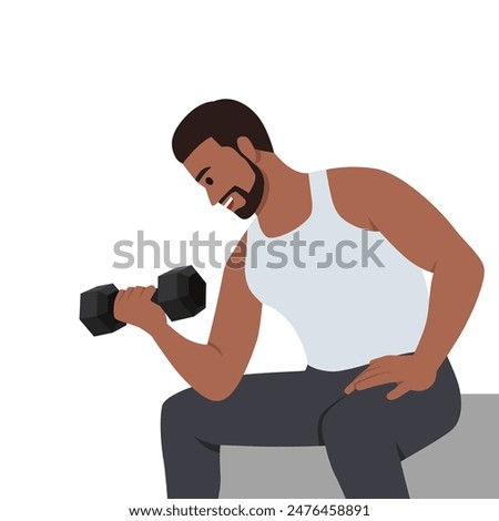 Young man doing Dumbbell concentration curl. Flat vector illustration isolated on white background