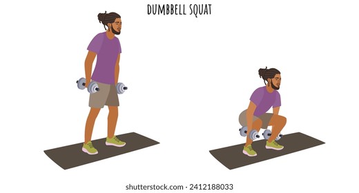 Young man doing dumbbell squat exercise. Sport, wellness, workout, fitness. Flat vector illustration