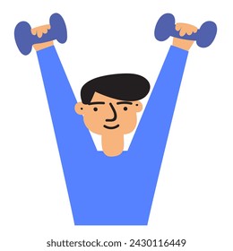 A young man doing exercise with dumbbells. Flat vector design. Illustration on white background.