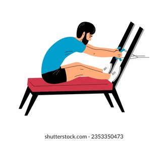 Young man doing exercises on a sports simulator. Body training and strengthening. Sport, therapy and recovery. Flat vector illustration