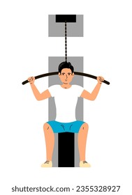 Young man doing exercises on a sports simulator. Body training and strengthening. Sport, therapy and recovery. Flat vector illustration isolated on white background